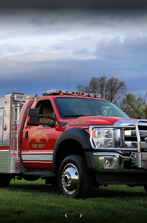 Fire rescue truck with the words 'Rockbridge Baths Vol. Fire Dept.'